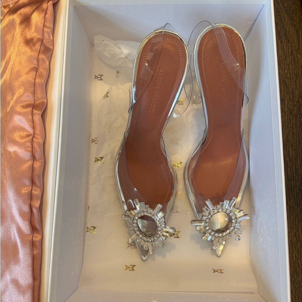 Amina Muaddi Silver Crystal Embellished Heels